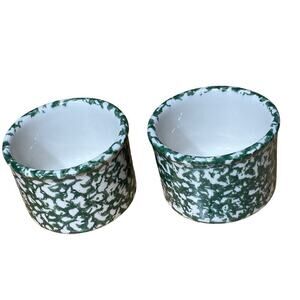 Set of 2 Roseville Henn Green Spongeware Pottery. Condiment Cups. 3" tall